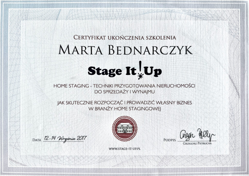 Certyfikat home staging dla Marty Bednarczyk